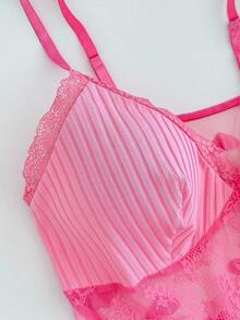 PetitDoll Lace Patchwork Heart Mesh Sexy Bodysuit - Hot Pink - View 4