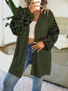 EMERY ROSE Plus Size Women Leopard Print Knit Casual Versatile Lantern Sleeve Cardigan Sweater Fall Winter Cloth For Women Autumn - Army Green - View 5
