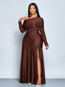 SOLERSUN Vestido largo de punto con abertura frontal, cuello de parche, hombro descubierto, manga larga y plisado en el borde para mujeres de talla grande. Ideal para fiestas, citas, graduación, boda, Halloween, Navidad y Año Nuevo - Café integral - Ver 3