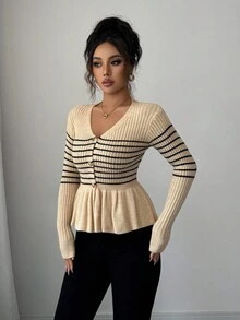 Elenzga Damen Neuer Herbst/Winter Einzelteil Figurbetonter kurzer V-Ausschnitt Langarm Klassischer gestreifter Rüschensaum Eleganter Lady Stil Alltagstauglicher vielseitiger Strickpullover