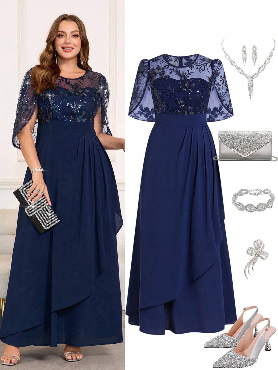 Ellevyn 大码女式优雅亮片刺绣连衣裙，适合派对和聚会，秋季万圣节万圣节服装万圣节服装女装万圣节服装女装万圣节大码万圣节服装万圣节万圣节派对服装大码女装外出服装秋季服装女式长裙女式连衣裙，婚礼宾客礼服女式 - 藏蓝色 - 查看 1