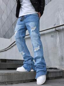 Manfinity EMRG 男士破洞牛仔裤，时尚适合夏季 - 中等水洗藍 - 查看 4