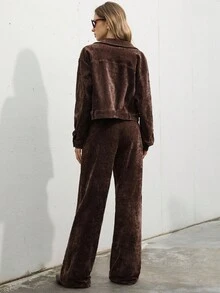 Aveloria Modichic 2 件套女士复古硬币设计羊毛夹克和休闲裤套装，简约欧式风格，秋冬 - 棕色 - 查看 5