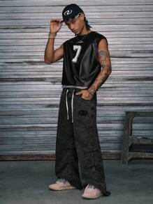 AXEPEAK 男士针织休闲宽松无袖印花数字图案背心，时尚日常穿着 - 黑色 - 查看 6