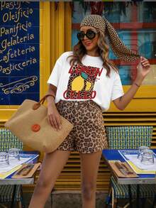 SHEIN LUNE Leoparden-Muster & Zitronen-Muster Kurzarm T-Shirt in großen Größen für den Sommer, vielseitig einsetzbar