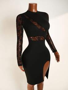 BamGleam 女士撞色蕾丝开衩紧身连衣裙 - 黑色 - 查看 5