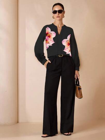 Glamance myriadwaveart 女士长袖衬衫，通勤和外出的办公室服装，秋季女士碎花服装