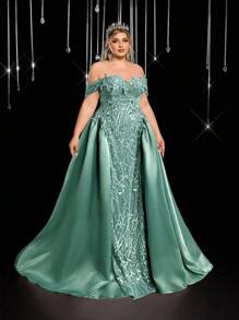 SHEIN Belle Elegant Romantic Off Shoulder Lace Applique Puff Maxi Dress, Suitable For Balls, Vacations, Wedding Photoshoots, Weddings, Bridal Gowns - Green - View 1
