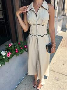 Carolina Barros 女式 100% 纯棉衬衫领无袖撞色边喇叭中长连衣裙，女士亚麻服装 - 杏色 - 查看 3