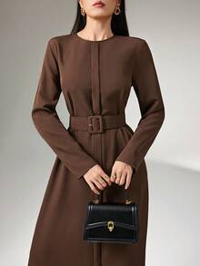 Heiryn Đầm dài tay cổ tròn tối giản màu trơn dành cho nữ mặc hàng ngày - Cà phê nâu - Xem 6