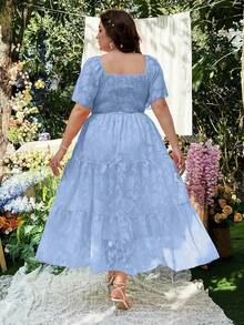 Lyrianda Plus Size Spring/Summer Women's Round Neck Vintage Romantic Elegant Resort Beach Backless Ruffles Sleeves A-Line Layered Dress - Blue - View 2