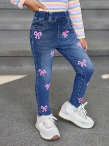 SHEIN 年轻女孩可爱蝴蝶结装饰蓝色牛仔毛绒衬里裤，羊毛加厚服装，女孩秋冬装 - 深色水洗藍 - 查看 4