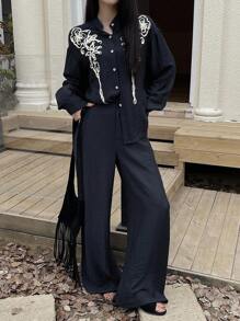 DAZY Women's Casual Lace Decor Shirt And Wide Leg Pants 2 Pieces Set, Autumn Lounge Sets For Women - Navy Blue - View 5