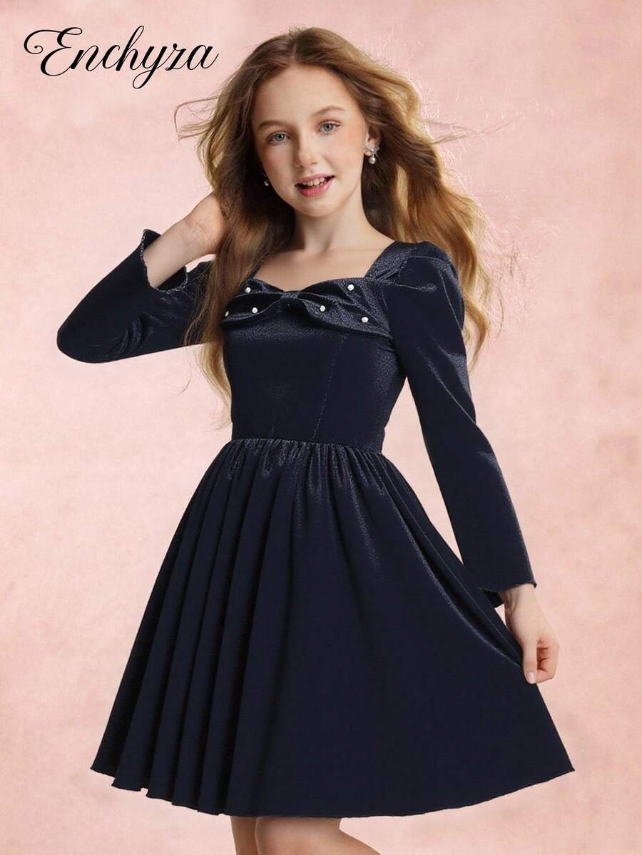 Elegant Formal Navy Blue Autumn Girls Snug Fit Velvet Long Dress,Exquisite 3D Bow Pearls Diamonds Fashion Commuter Prom Party Graduation Dress - Black - View 1