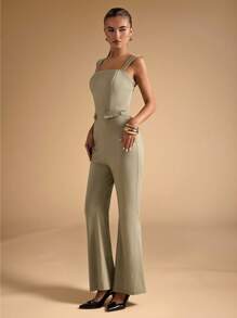 SHEIN BAE Mono de mujer casual de unicolor y elegante con vuelo - Verde - Ver 6