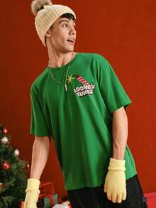 LOONEY TUNES X SHEIN 男士卡通圣诞圆领短袖T恤 - 綠色 - 查看 5