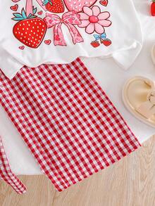 Sparklyn Girls' Casual Cute Plaid Cherry Print T-Shirt - Red - View 7