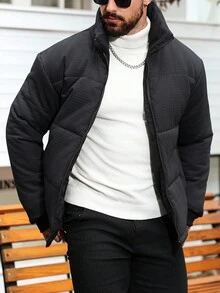 Manfinity Homme Men's Solid Color Zipper Casual Versatile Padded Coat, Winter Black Puffer Jacket, Fall - Black - View 3