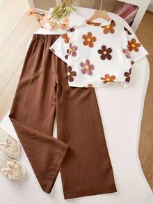 Sparklyn 2pcs/Set Girls Floral All-Over Print T-Shirt And High Waist Textured Wide Leg Pants Set - Brown - View 2