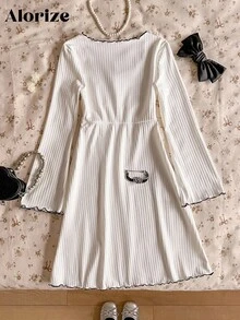 Tween Girls' Color Block Trim Bow Decor Long Sleeve Dress - White - View 2