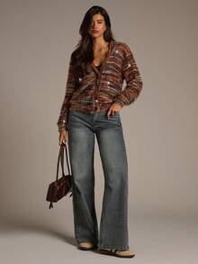 Aloruh Women's Faux Fur Jacket,Brown Striped Colorful Bohemian Style,Sequin Fabric Glamorous Casual Autumn Winter Ladies Halloween Costumes Retro Occasion - Multicolor - View 1