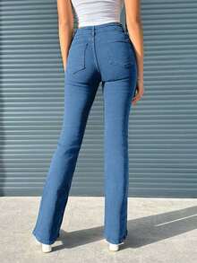 EURMUSE Quần jeans ống loe túi xéo chất liệu cotton 95% đơn giản, thoải mái - Màu xanh bụi bặm - Xem 2