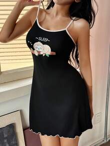 ZzzCrew Cute Sloth Cartoon Print Casual Women Mini Camisole Nightgown