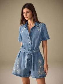 Selenza 女式蓝色常规肩短袖前扣刺绣时尚牛仔连体裤 - 藍色 - 查看 5