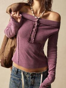 Bohemela Áo thun tay dài dệt kim màu trơn đơn giản dành cho nữ - Màu đỏ tím - Xem 5