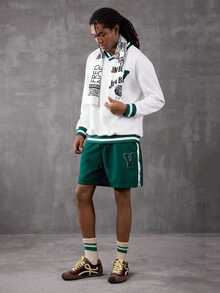 PAVTROS Manfinity Streetrush Men Contrast Stripe Sweatshirt & Shorts Co-Ords, Back To School, Fall Clothes - Green - View 1