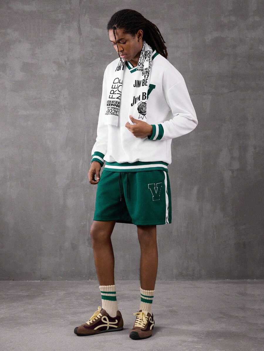 PAVTROS Manfinity Streetrush Men Contrast Stripe Sweatshirt & Shorts Co-Ords, Back To School, Fall Clothes - Green - View 1