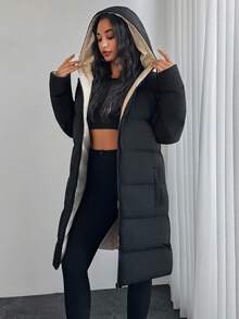 SHEIN Tall معطف شتوي طويل مبطن ذو سحاب وجيب مزدوج الجانب لموسم الخريف والشتاء - الأسود - مشاهدة 6