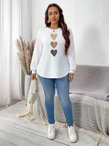 EMERY ROSE Moletom Casual Versátil de Plus Size com Gradiente de Três Cores em Formato de Coração, Cor Sólida, Adequado para Outono, Inverno e Halloween - Multicolorido - Visão 3