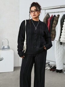 SHEIN EZwear 2 件套纯色圆领长袖休闲套头毛衣和裤子，加大码，秋冬两件套女士毛衣套装女士黑色针织套装粗针织毛衣套装 - 黑色 - 查看 7