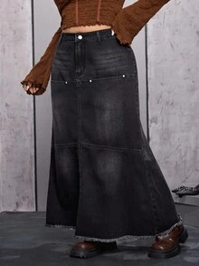 SHEIN EZwear Váy ngắn denim đen không co giãn phong cách đường phố cá tính dành cho nữ cỡ lớn - màu đen - Xem 4