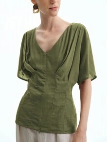 Aalyst 女士法式优雅奢华简约高端休闲度假通勤舒适宽松纯色亚麻V领收肩袖前中开衩衬衫，春夏秋 - 軍綠色 - 查看 6