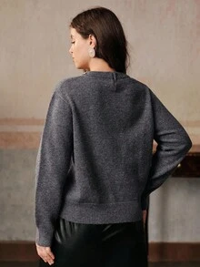 Anewsta Elegant New Fashion Wool Blend Rhinestone Embellished Collar Grey Cute Ageless Versatile Long Sleeve Plus Size Sweater Top Fall Winter - Grey - View 7