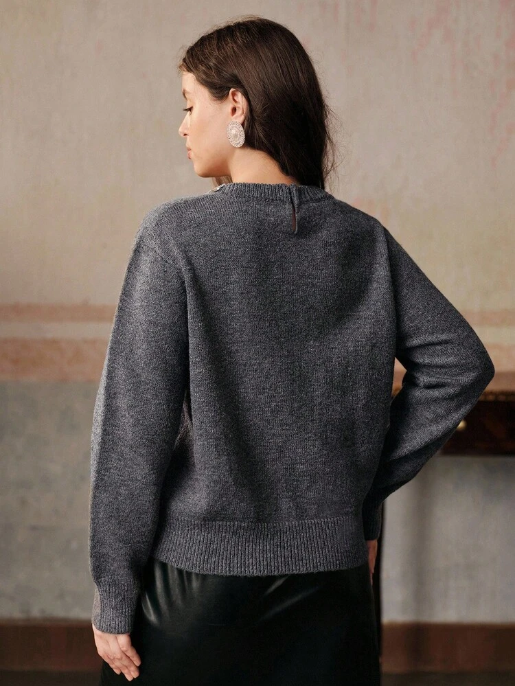 Anewsta Elegant New Fashion Wool Blend Rhinestone Embellished Collar Grey Cute Ageless Versatile Long Sleeve Plus Size Sweater Top