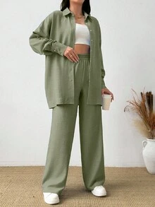 EURMUSE 100%Cotton Women Shirt & Wide Leg Pants Set - Green - View 3