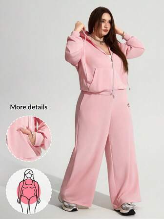 Enliva Abidrinkell Plus Size Women's Sweatshirt And Sweatpants Set, Pink Loose Hoodie And Sweatpants Casual Sports Set, Lettering Print And Pocket Details Fall Clothes For Women, Winter, CURVE PLUS, For Apple Rounded Body Shape