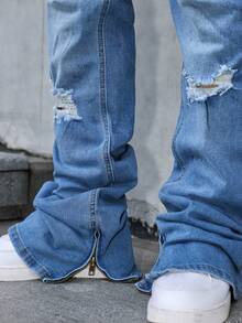 Manfinity EMRG 男士破洞牛仔裤，时尚适合夏季 - 中等水洗藍 - 查看 3