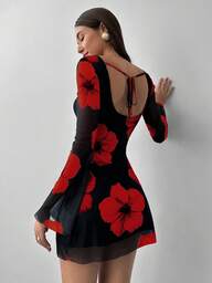 Aloruh Women's Sexy Fashionable Open Back Tie-Dye Print Long Sleeve Bodycon Mini Dress