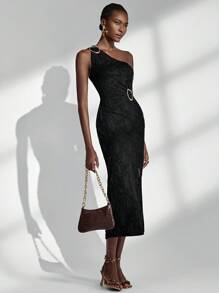 Almamuse Black Textured Vintage Elegant One Shoulder Dress, Metal Asymmetric Decor Button, Fitted Slit Cut, Women Long Dress