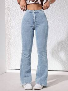 SHEIN ICON 休闲水洗修身喇叭牛仔裤 - 淺色水洗藍 - View 6