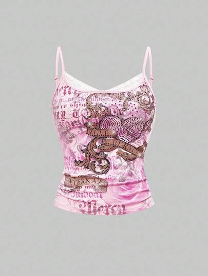 Grunge Punk Top corto ajustado con decoración de corazón, flores y enredaderas de rosa en estilo retro Y2K, ideal para conciertos y festivales de verano