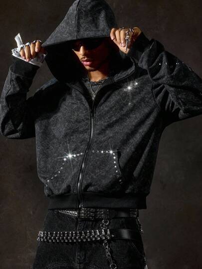 Street Life Men Reflective Rhinestone Detail Zip Up Hooded Jacket