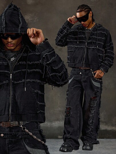 Street Life Men's Frayed Hooded Zip-Up Denim Jacket