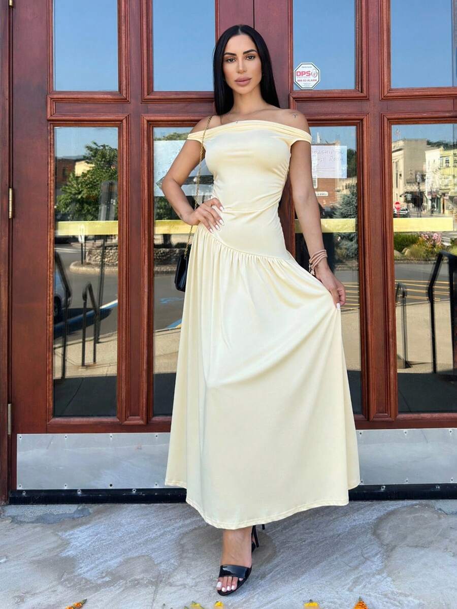 Carolina Barros 女士优雅无袖圆领长款褶皱连衣裙，修身款，休闲，通勤，春夏 - 黃色 - 查看 1