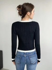 SHEIN LUNE Contrast Color Sexy Minimalist V-Neck Fitted Knit Cardigan, Spring/Autumn Fall Winter Cloth For Women - Black - View 2