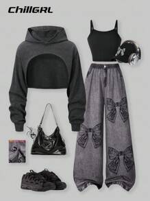 SHEIN ChillGRL 3 件套青少年女孩连帽衫、胸罩上衣和蝴蝶印花阔腿针织裤，个性化校园风格，适合返校、春夏秋装、秋季服装 - 黑色 - 查看 1